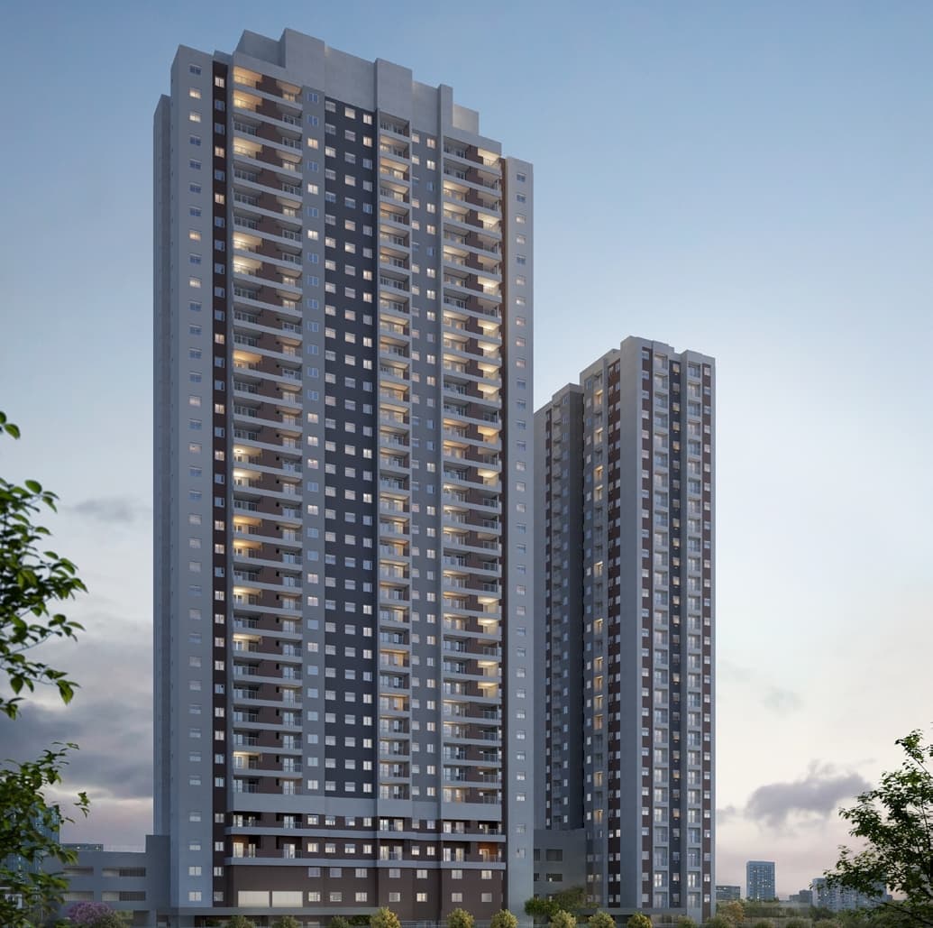 Fachada do edifício residencial com duas torres altas e varandas alinhadas.